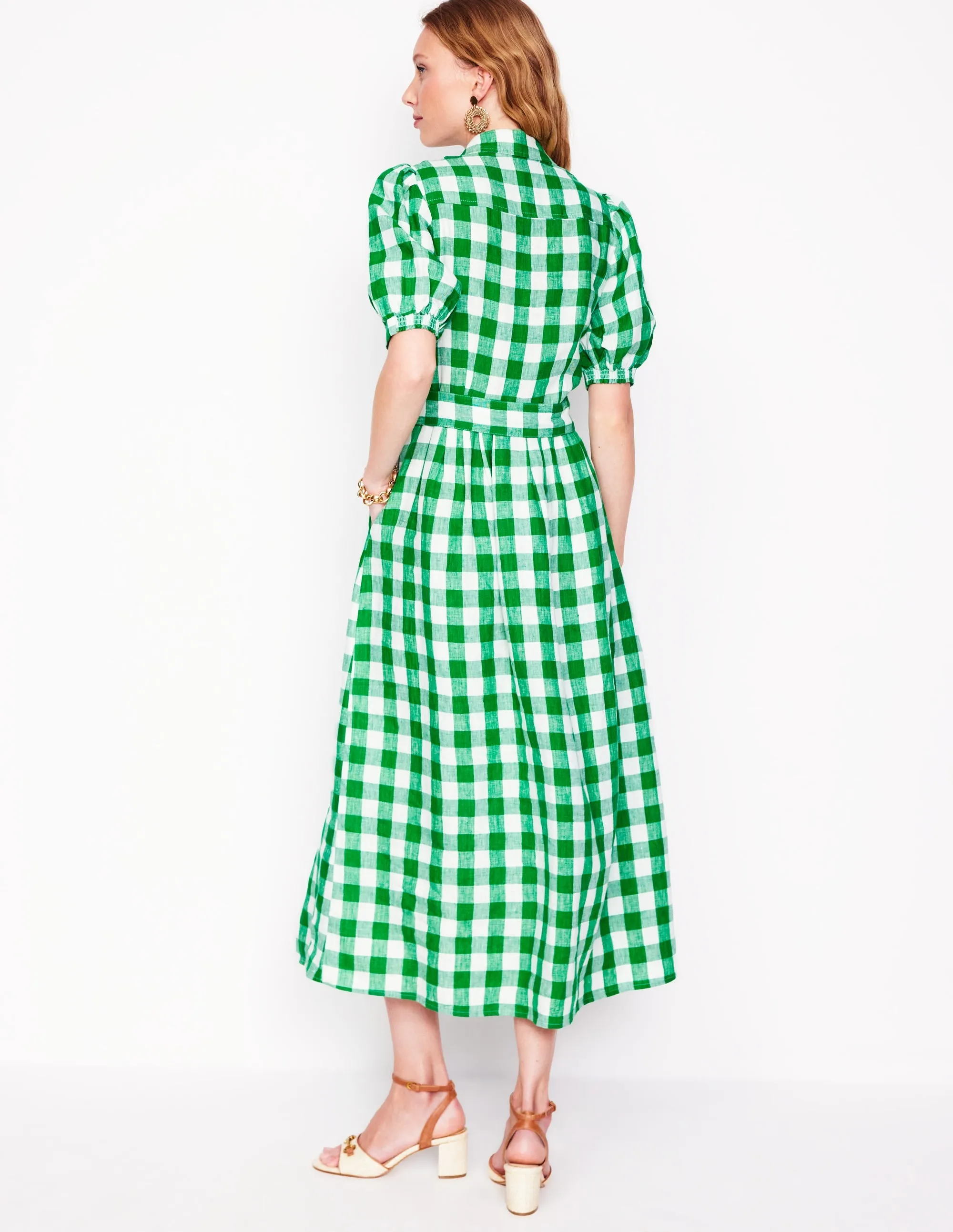 Alexa Linen Maxi Shirt Dress-Rich Emerald Gingham