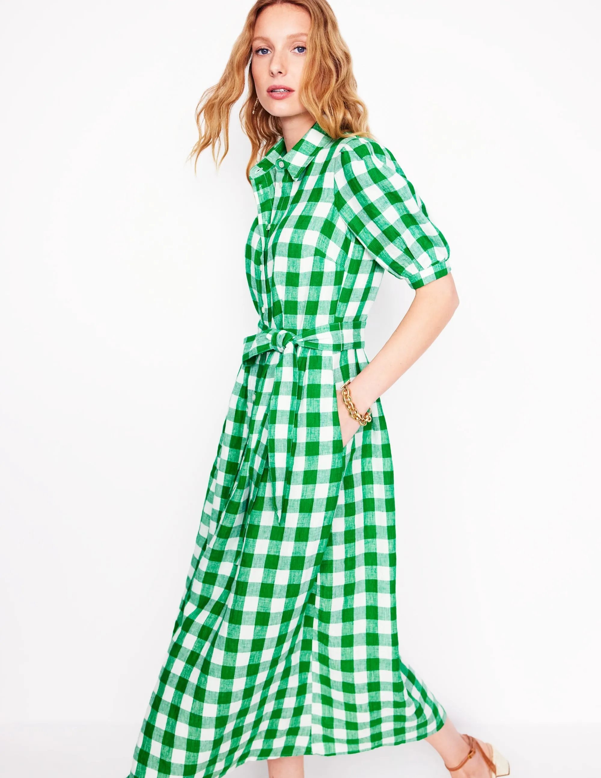 Alexa Linen Maxi Shirt Dress-Rich Emerald Gingham