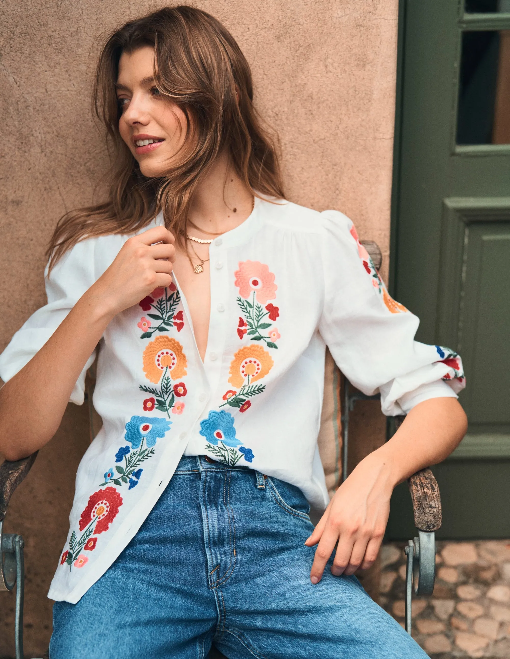 Alicia Linen Top-White. Floral Embroidery