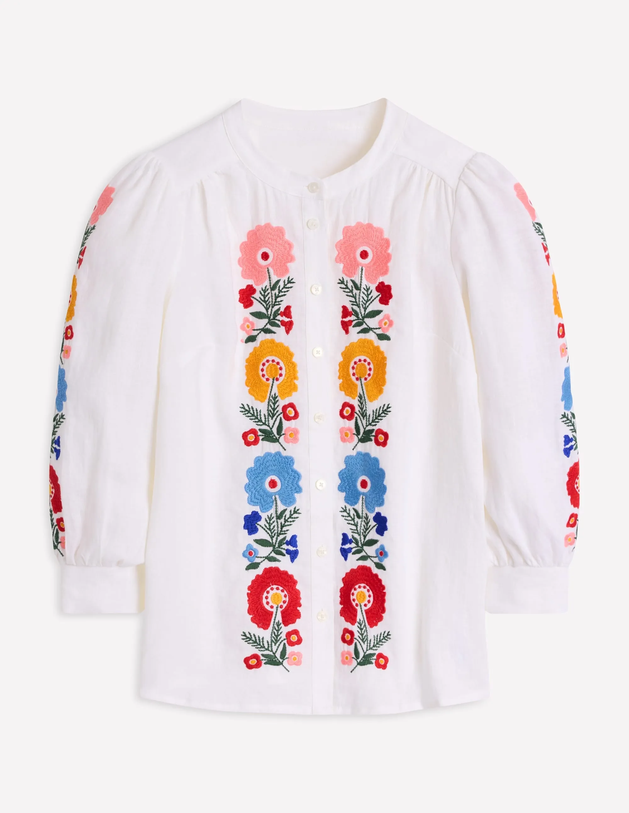 Alicia Linen Top-White. Floral Embroidery