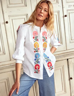 Alicia Linen Top-White. Floral Embroidery