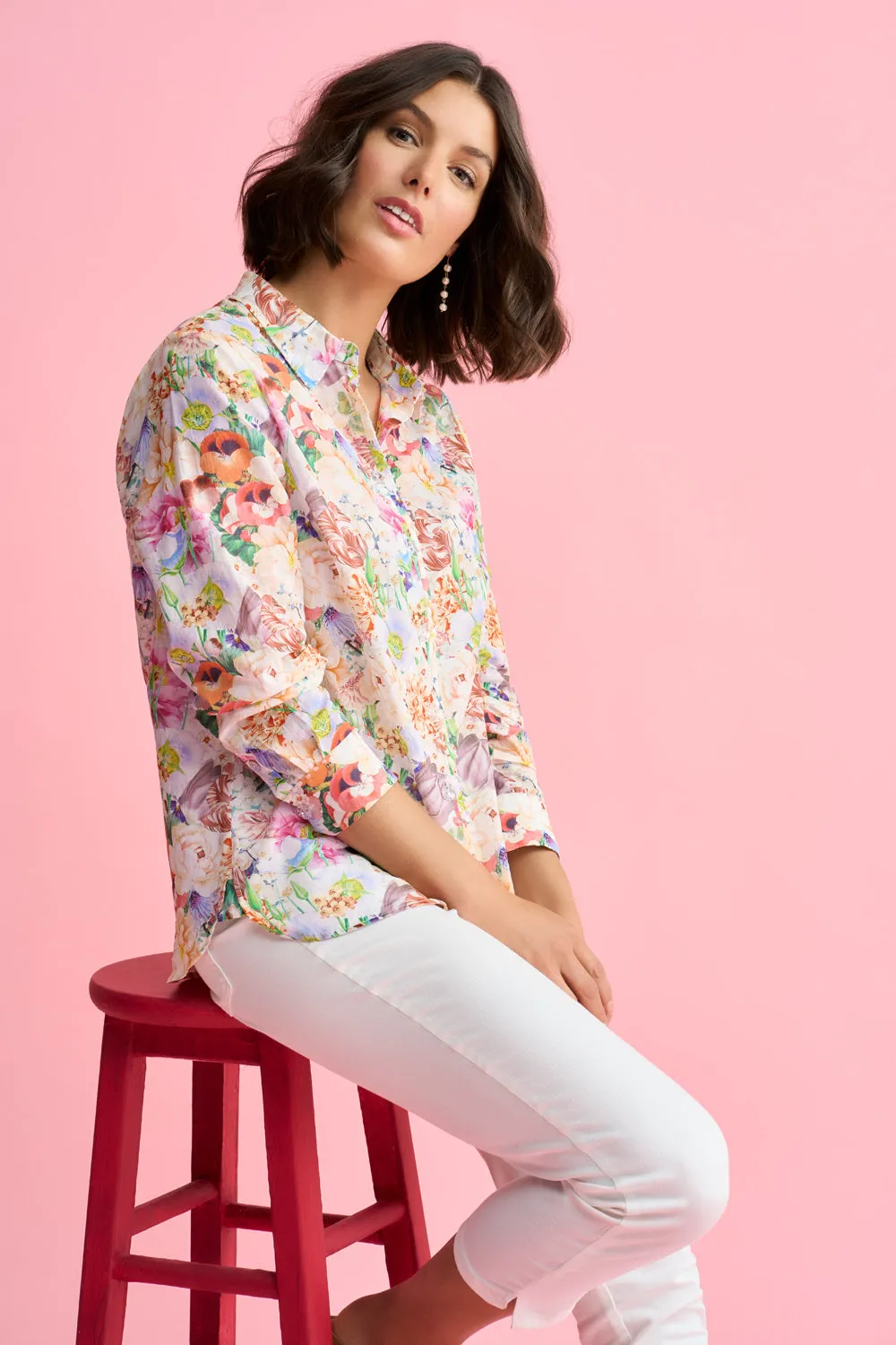 Beaded Cotton Shirt - Spring Bouquet Print