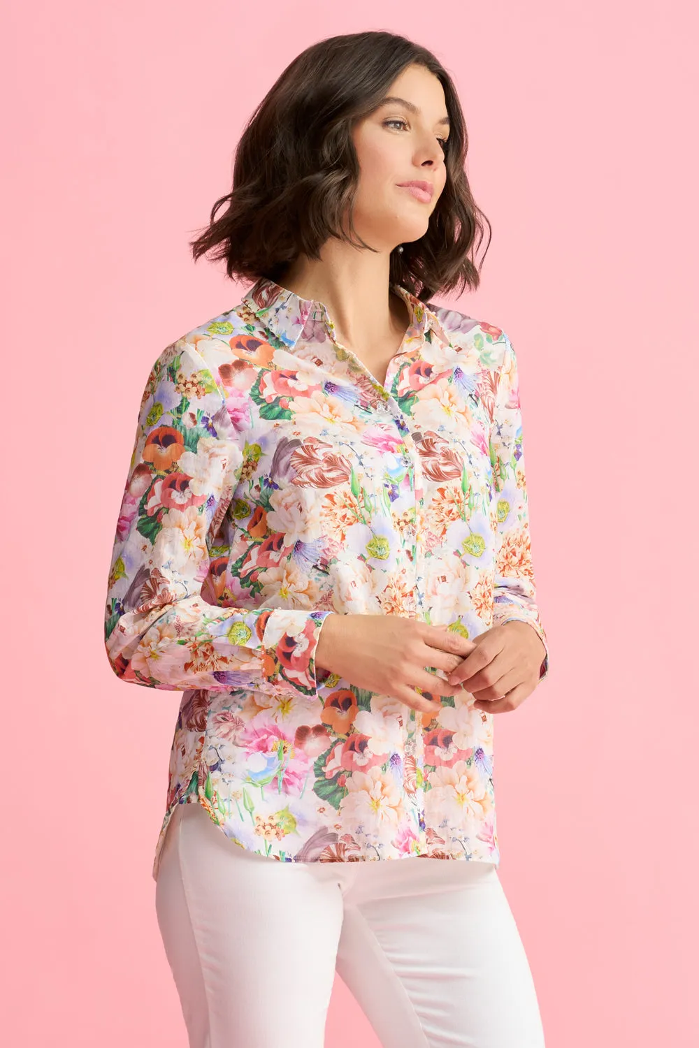 Beaded Cotton Shirt - Spring Bouquet Print