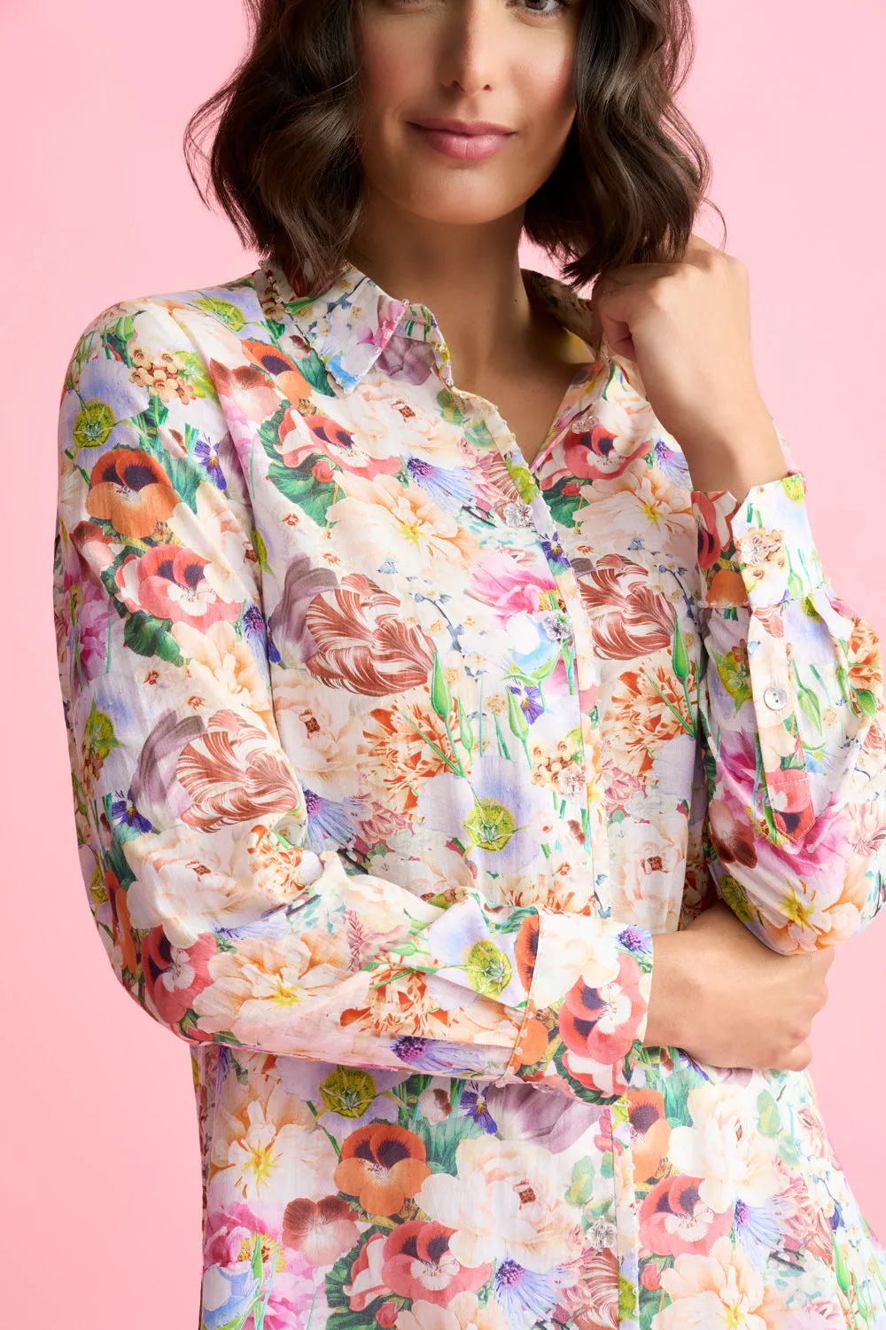 Beaded Cotton Shirt - Spring Bouquet Print