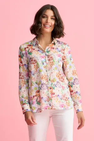 Beaded Cotton Shirt - Spring Bouquet Print