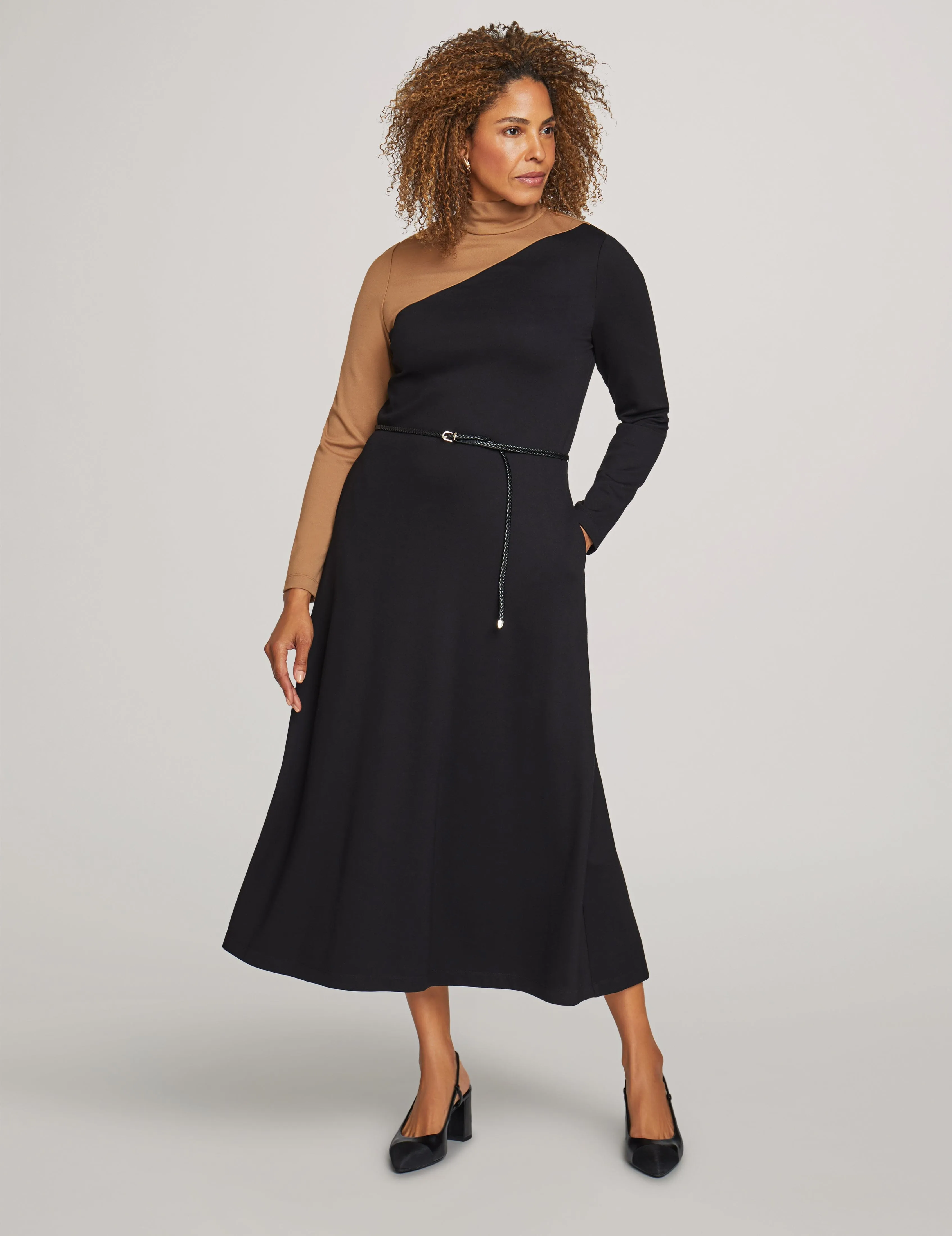 Color Blocked Mock Neck Midi Dress- Sale