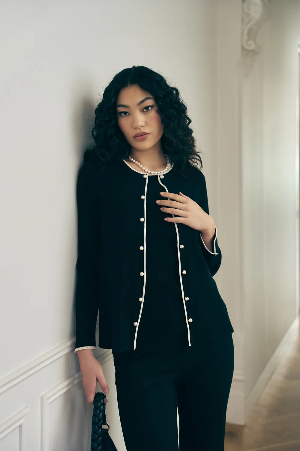 Contrast Rib Cardigan - Black