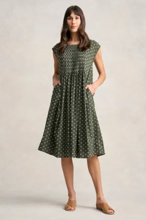 Cotton Shirred Dress - Khaki