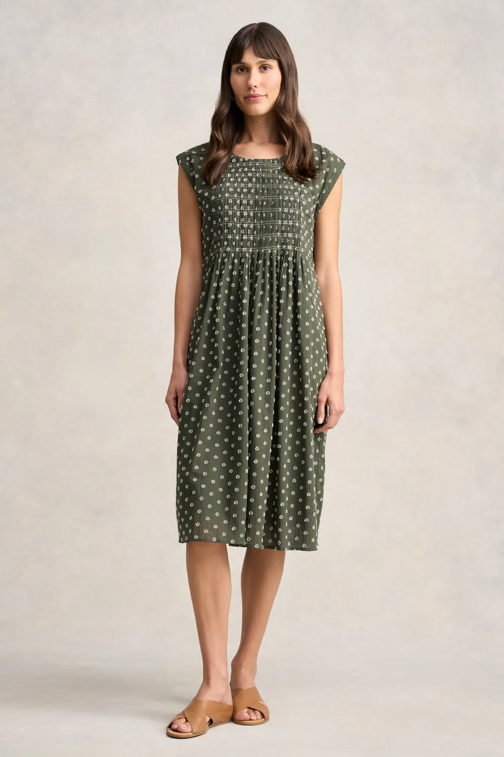 Cotton Shirred Dress - Khaki