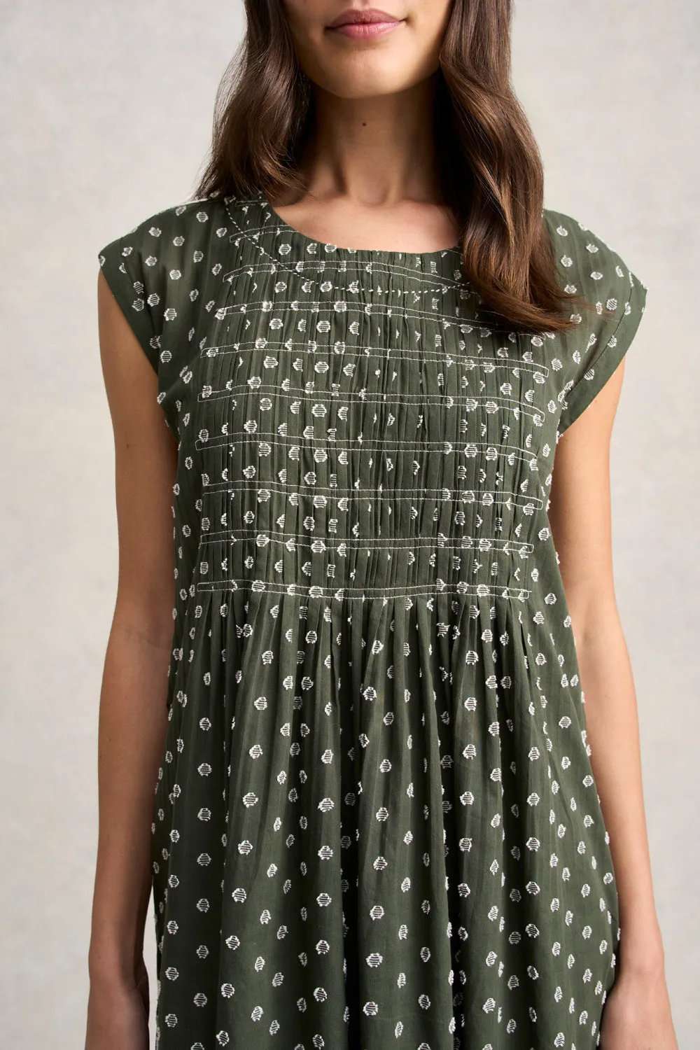 Cotton Shirred Dress - Khaki