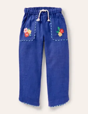 Embroidered Holiday Trousers-Blue Wave Flowers