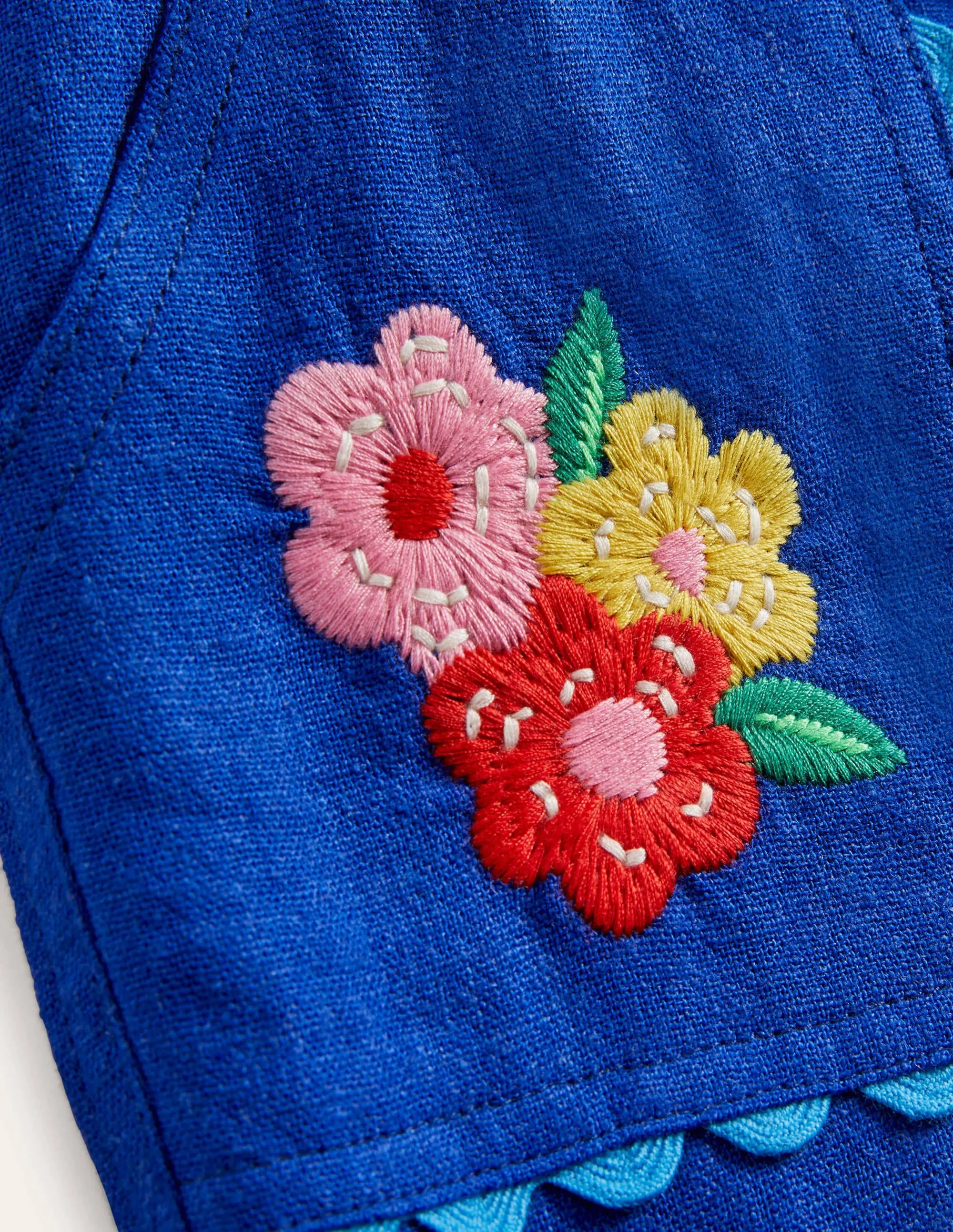 Embroidered Holiday Trousers-Blue Wave Flowers