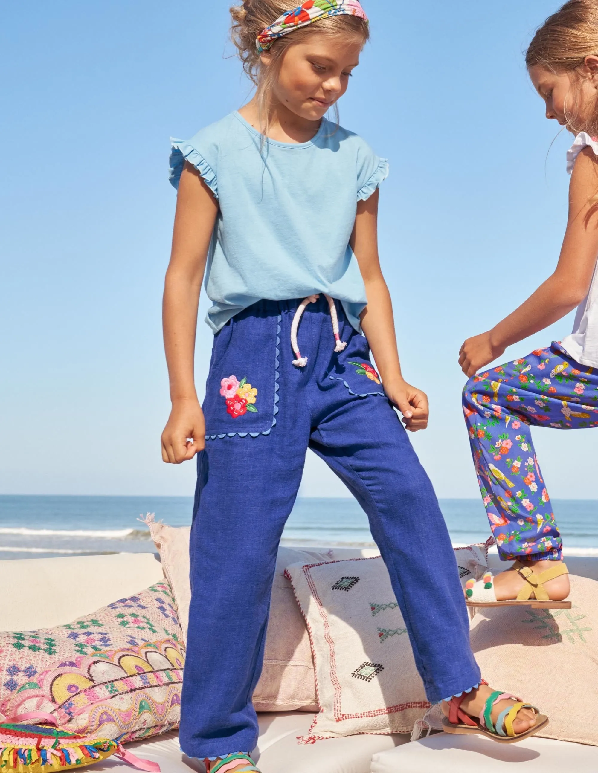 Embroidered Holiday Trousers-Blue Wave Flowers