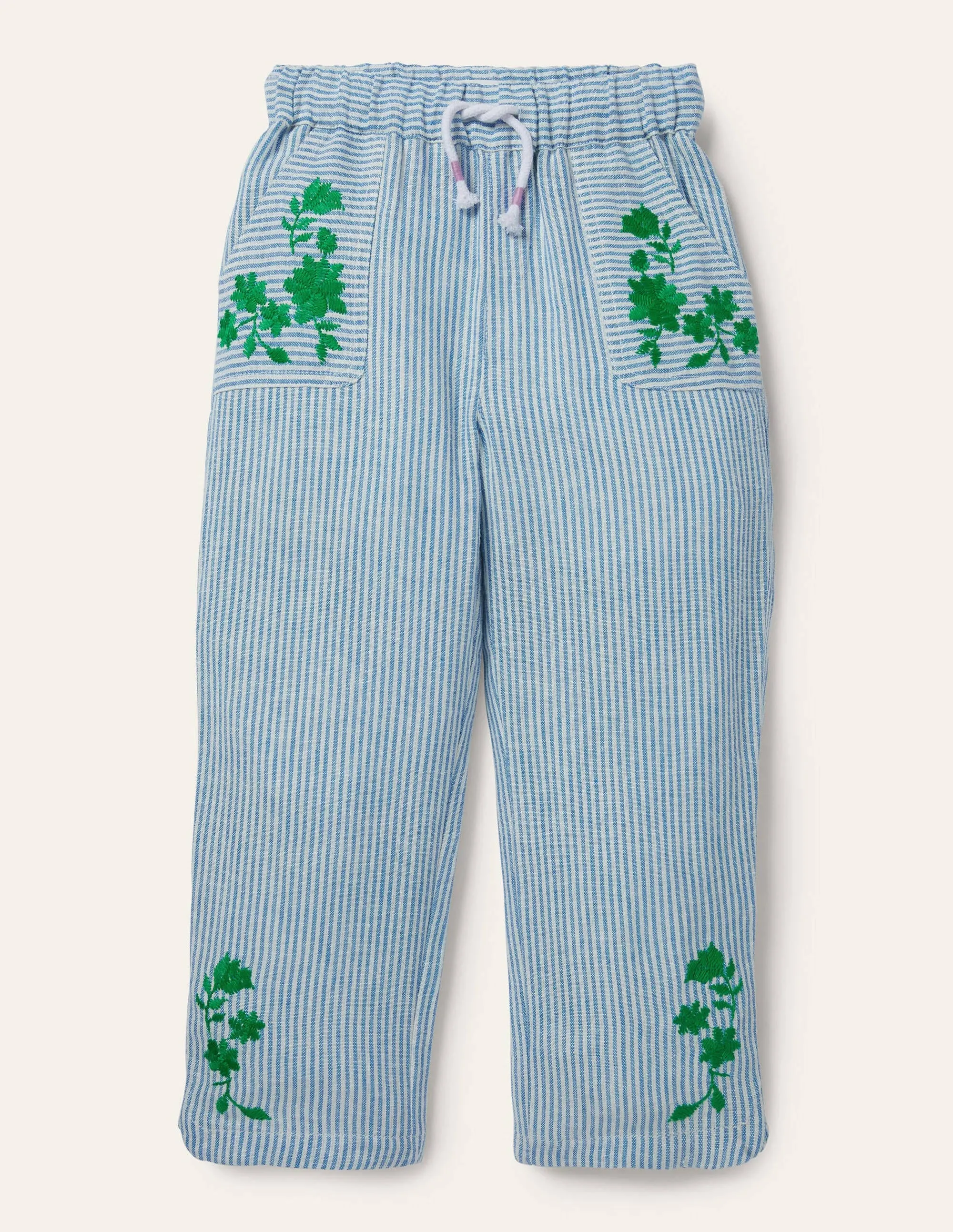 Embroidered Holiday Trousers-Ivory/Coastal Blue Ticking