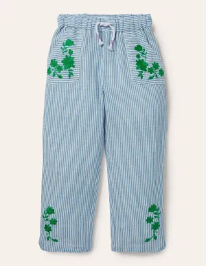 Embroidered Holiday Trousers-Ivory/Coastal Blue Ticking