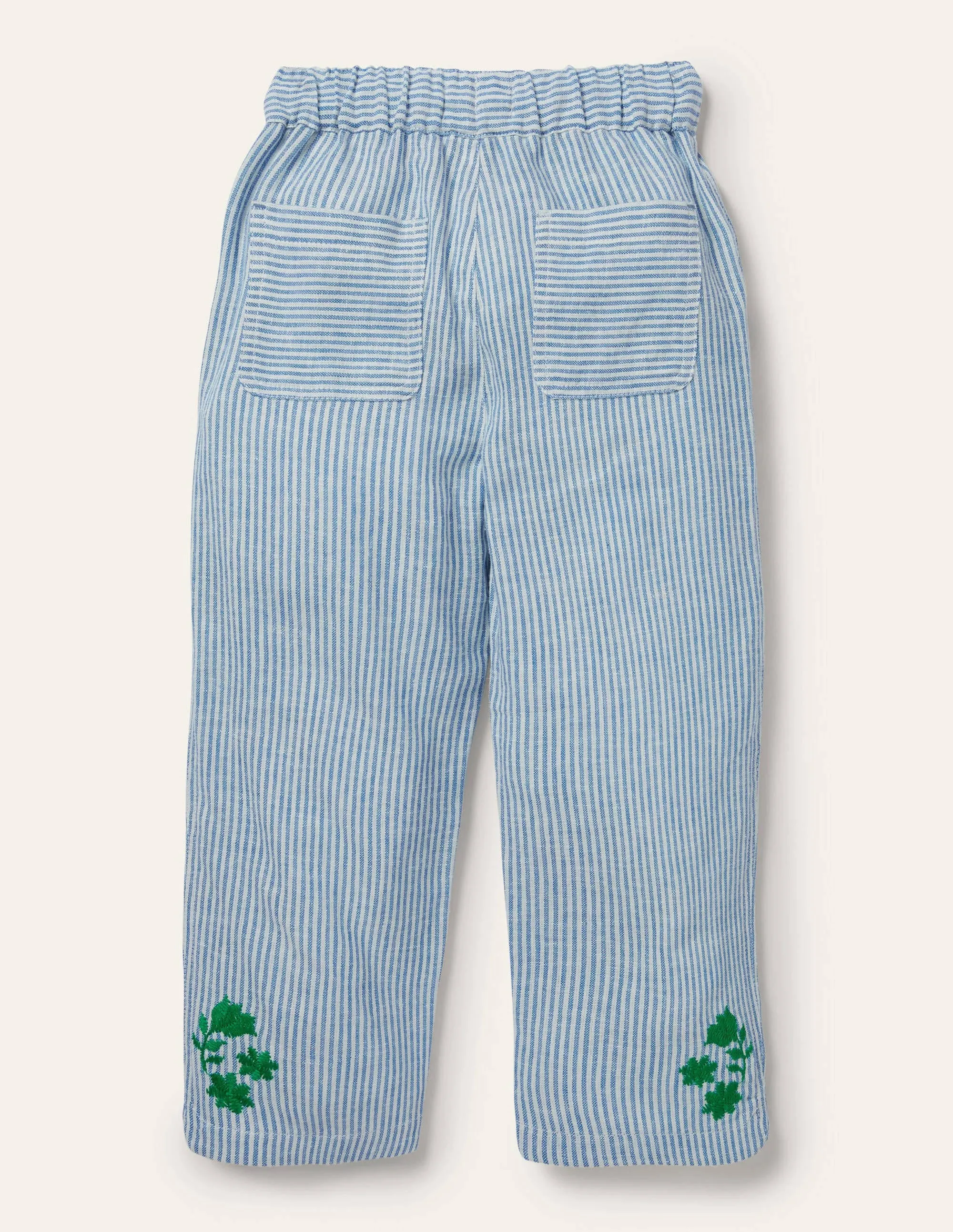 Embroidered Holiday Trousers-Ivory/Coastal Blue Ticking