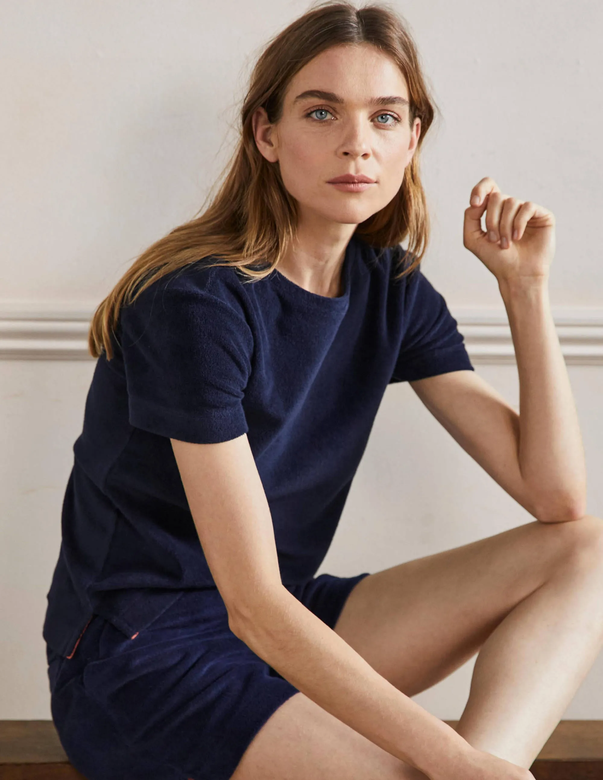 Erica Towelling Crew Neck Top-Navy