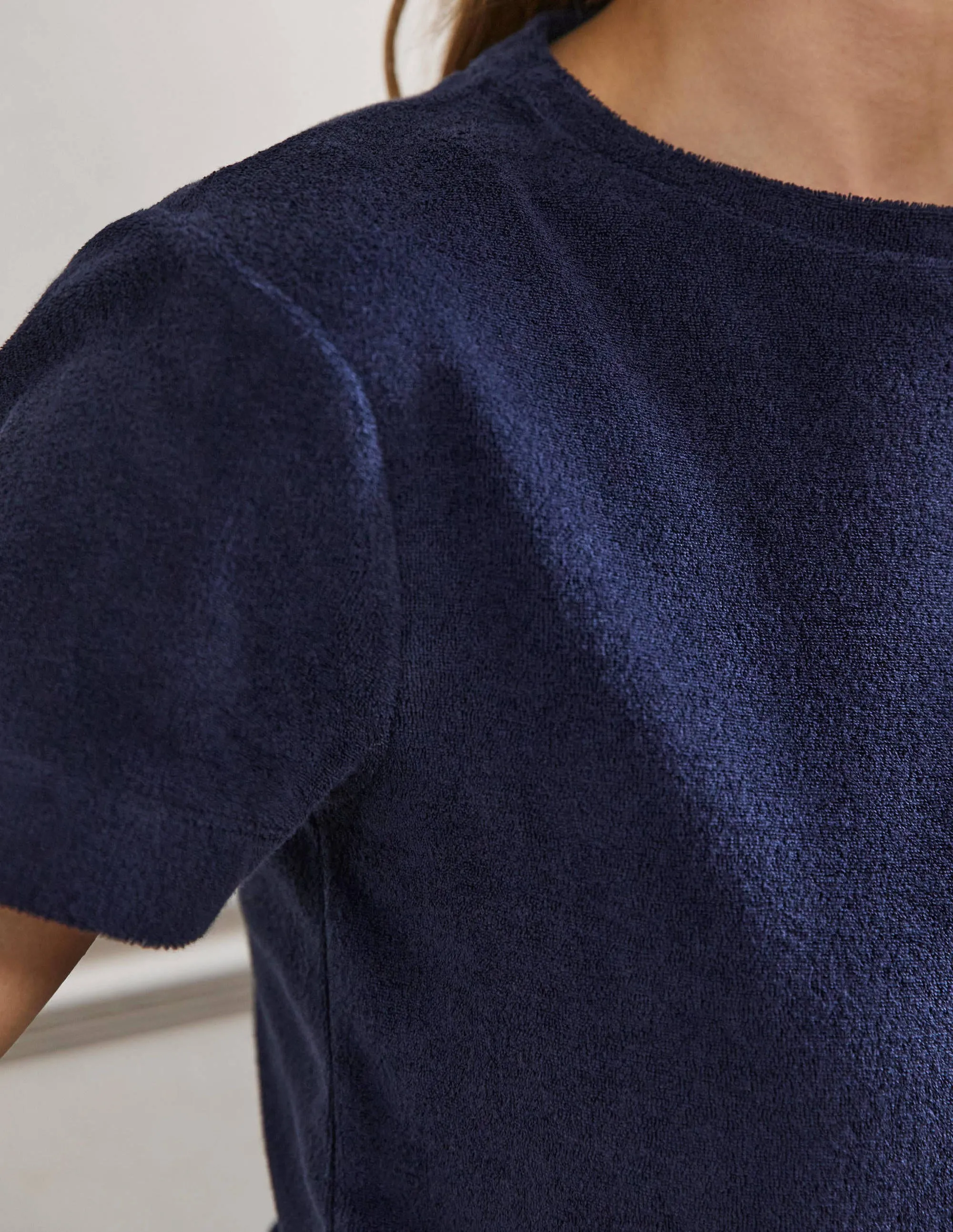 Erica Towelling Crew Neck Top-Navy