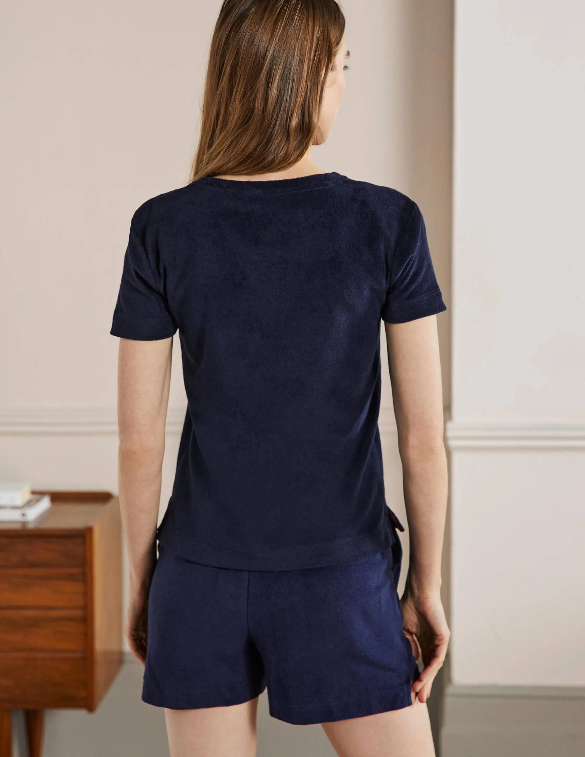 Erica Towelling Crew Neck Top-Navy