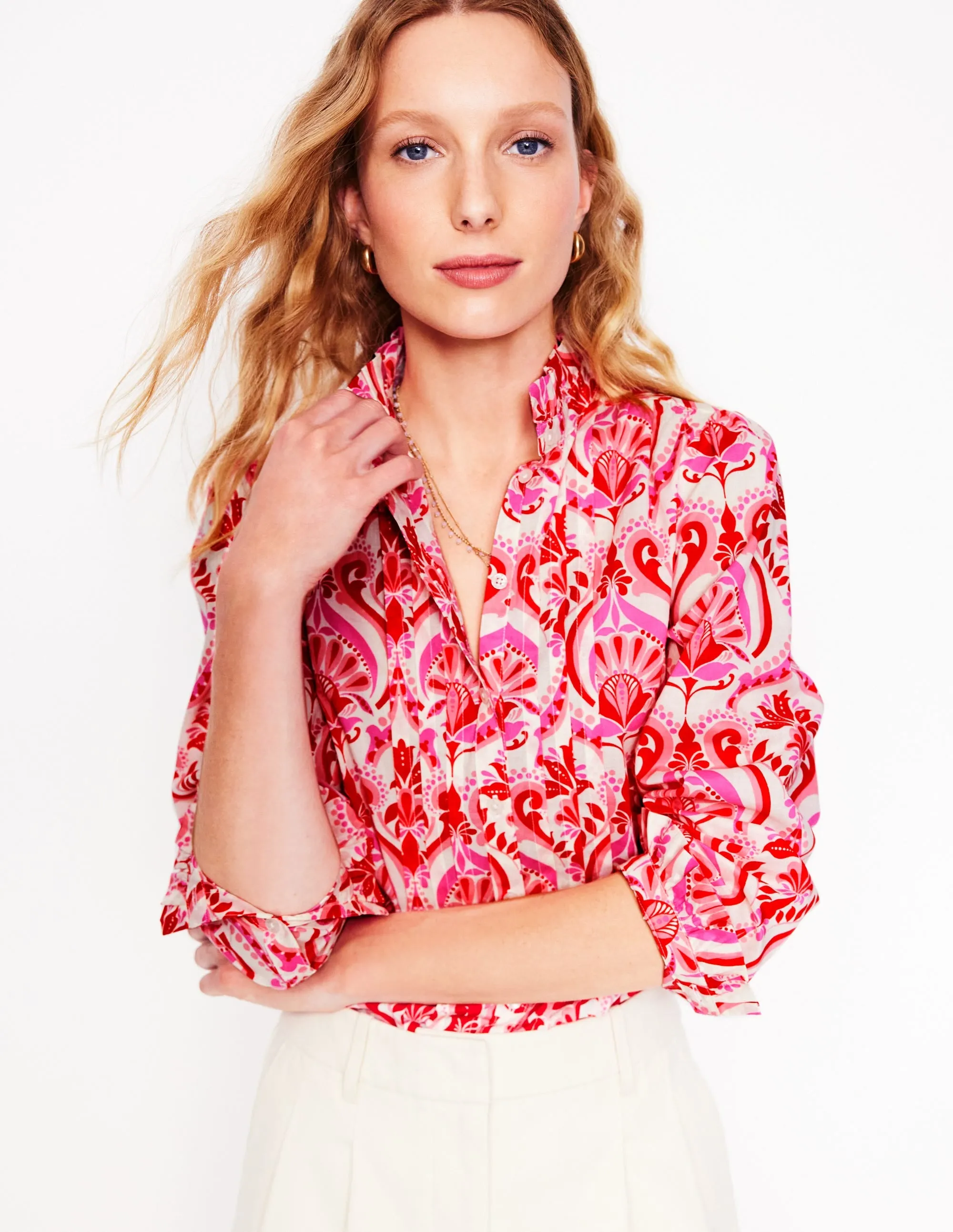 Felicity Cotton Blouse-Poppy Red. Ornamental Floral
