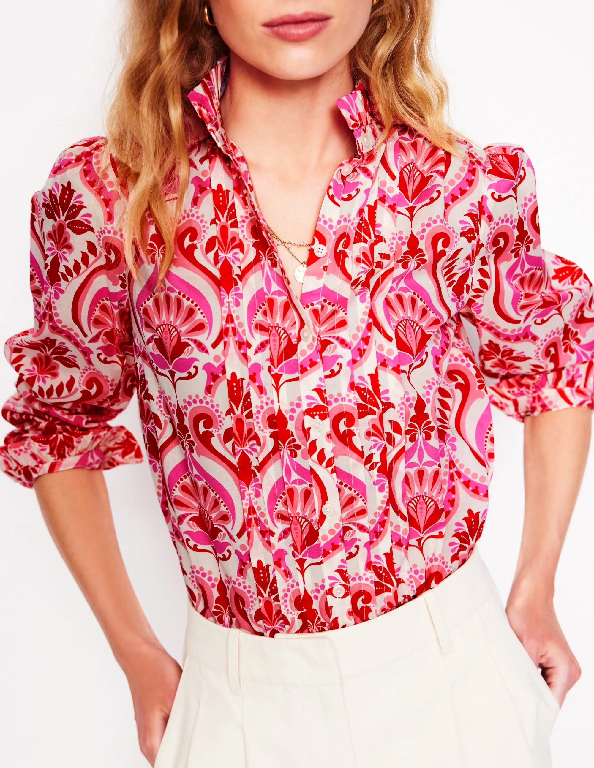 Felicity Cotton Blouse-Poppy Red. Ornamental Floral