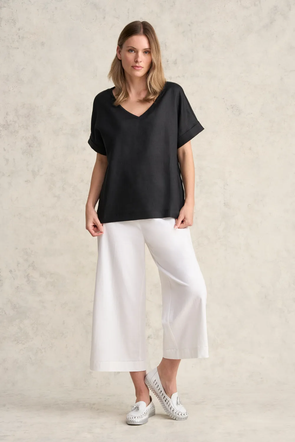 Linen Mix V-Neck Top - Black