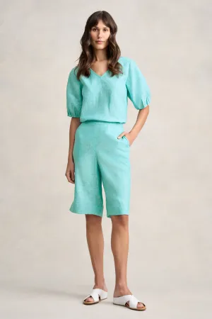 Linen Pull On Short - Aqua Cross Dye