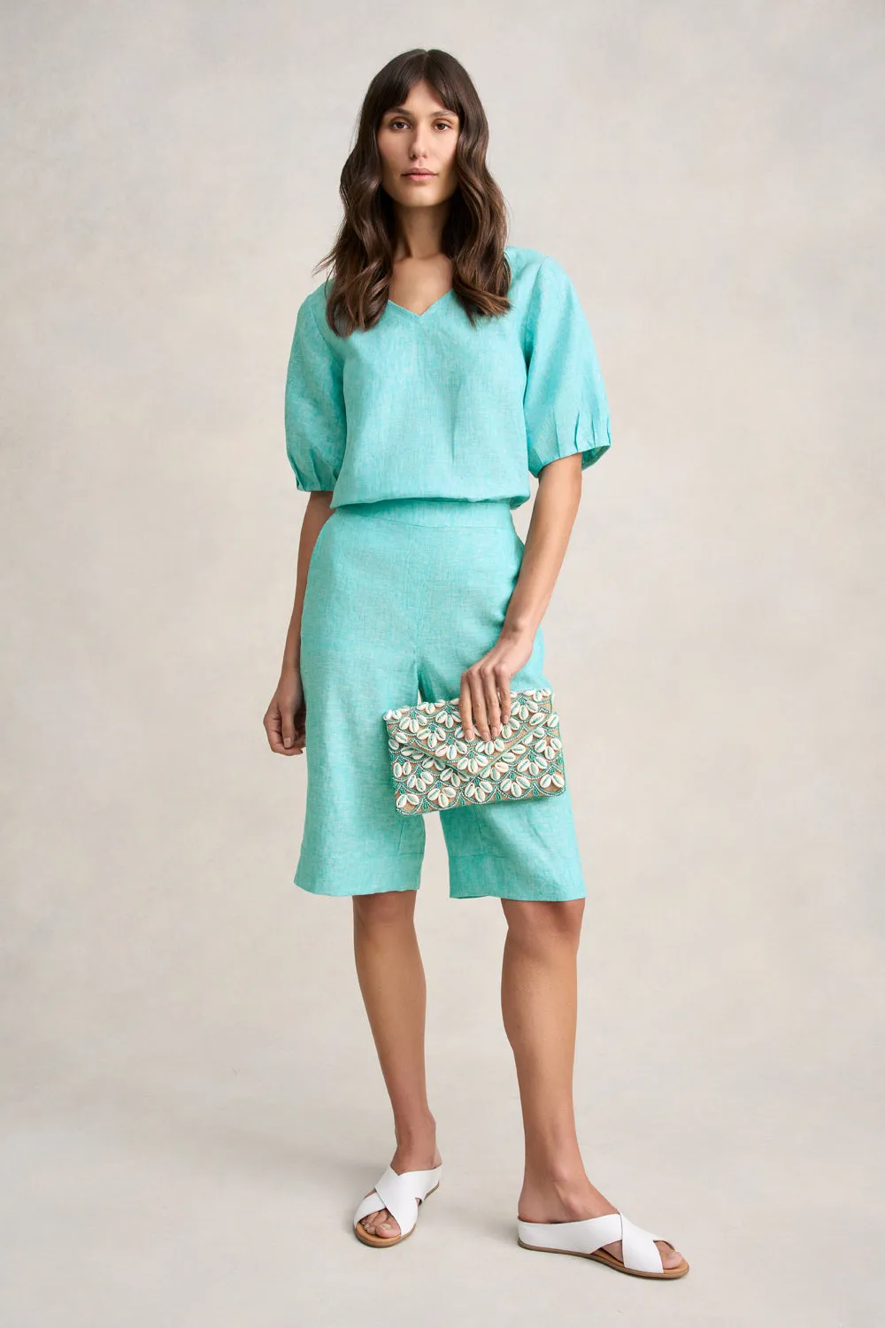 Linen Pull On Short - Aqua Cross Dye