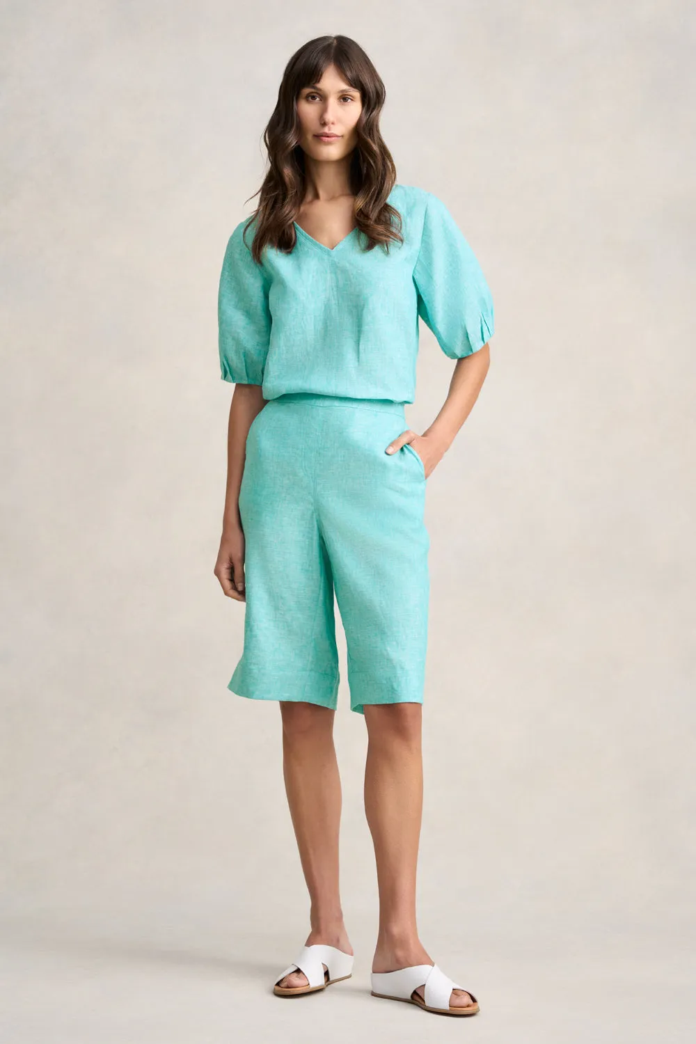 Linen Pull On Short - Aqua Cross Dye