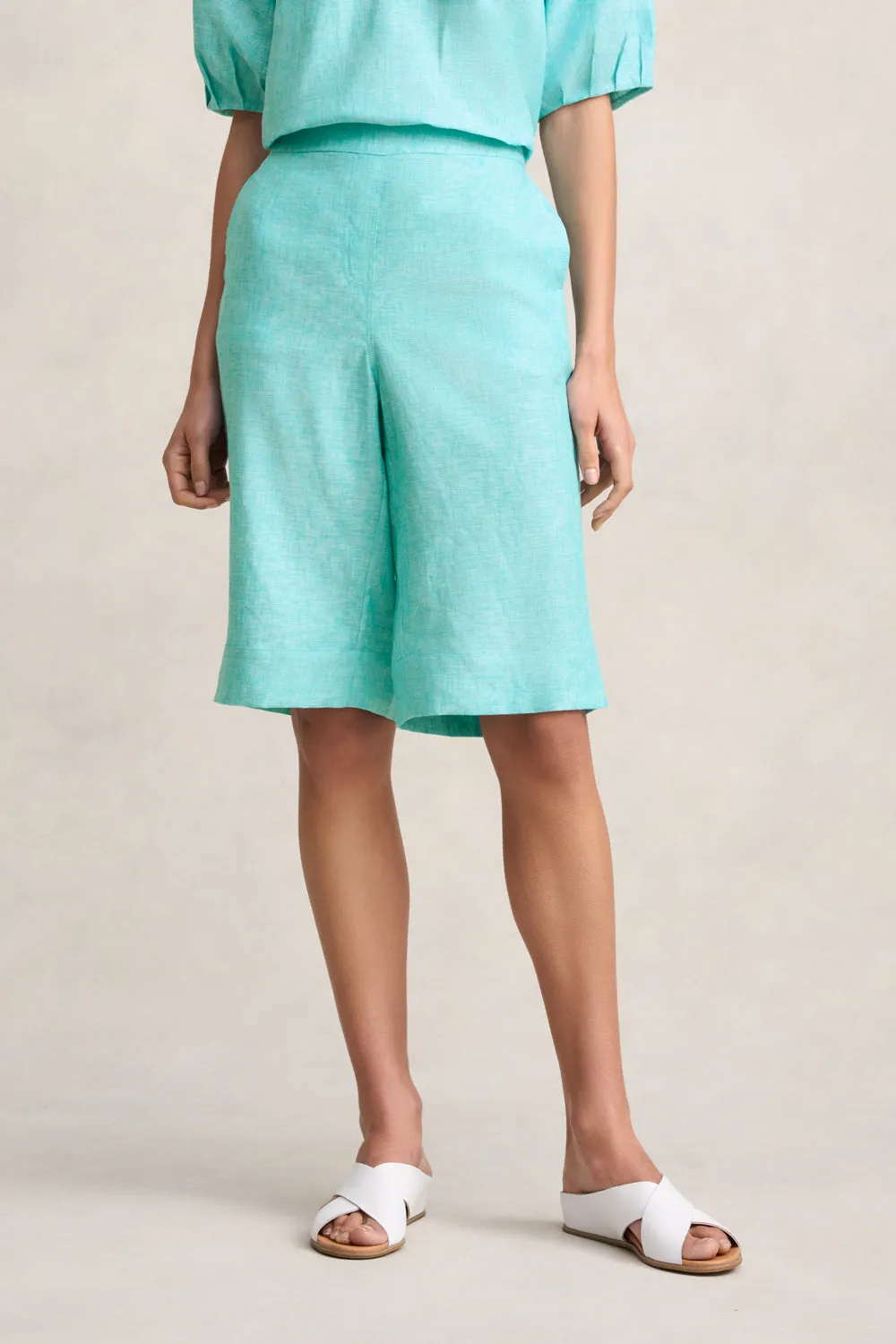 Linen Pull On Short - Aqua Cross Dye