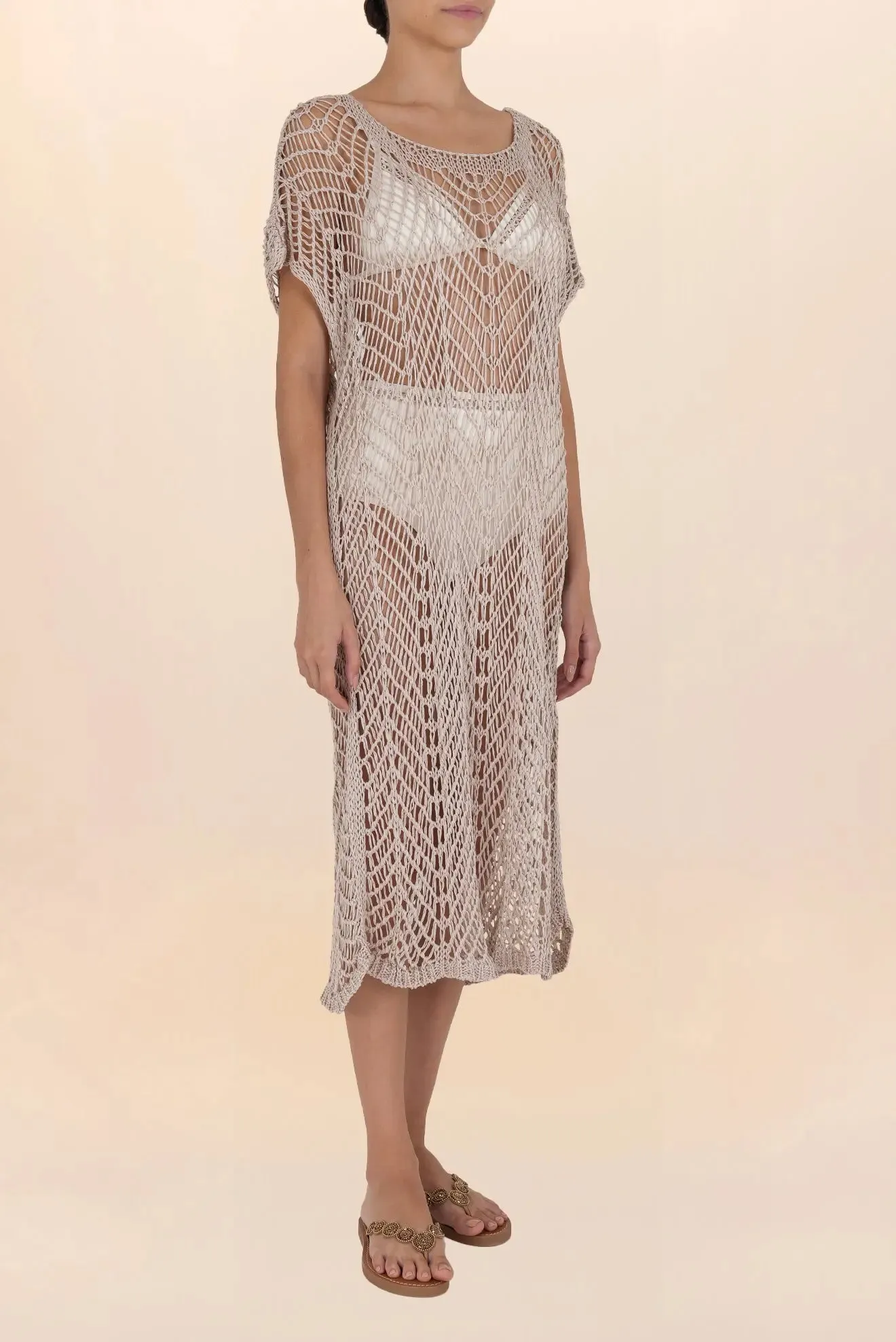 Long beige crochet dress with sleeves