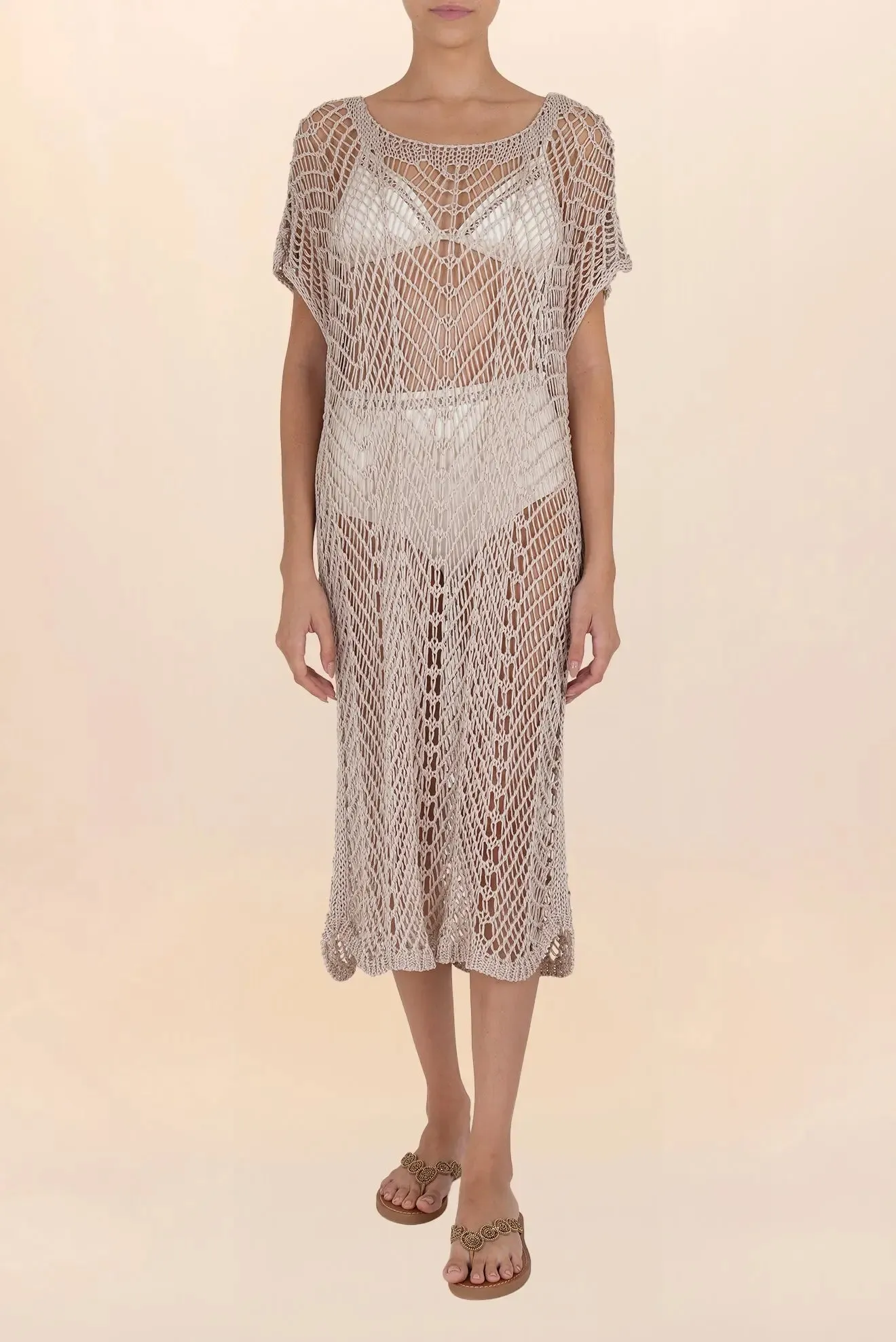 Long beige crochet dress with sleeves