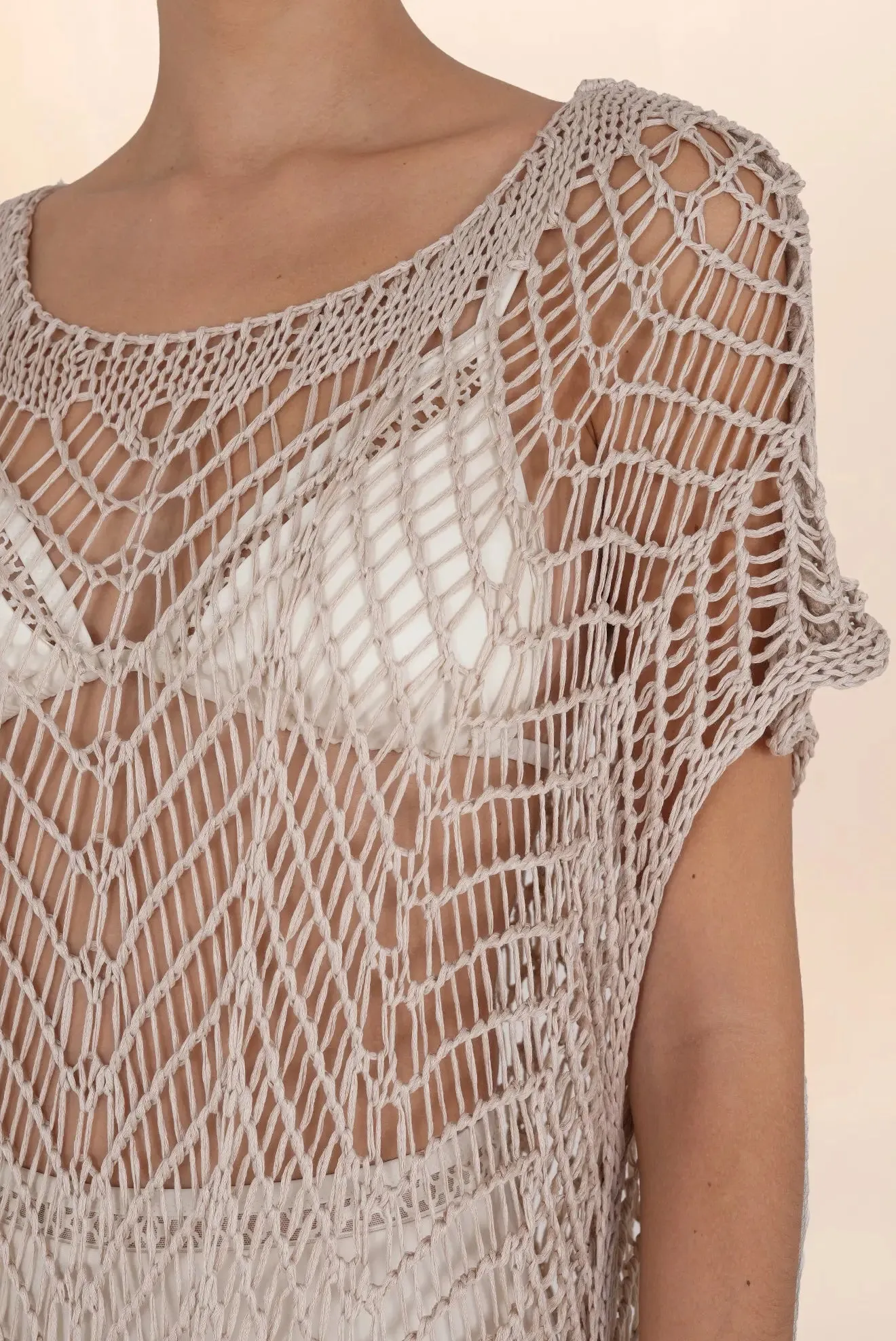 Long beige crochet dress with sleeves