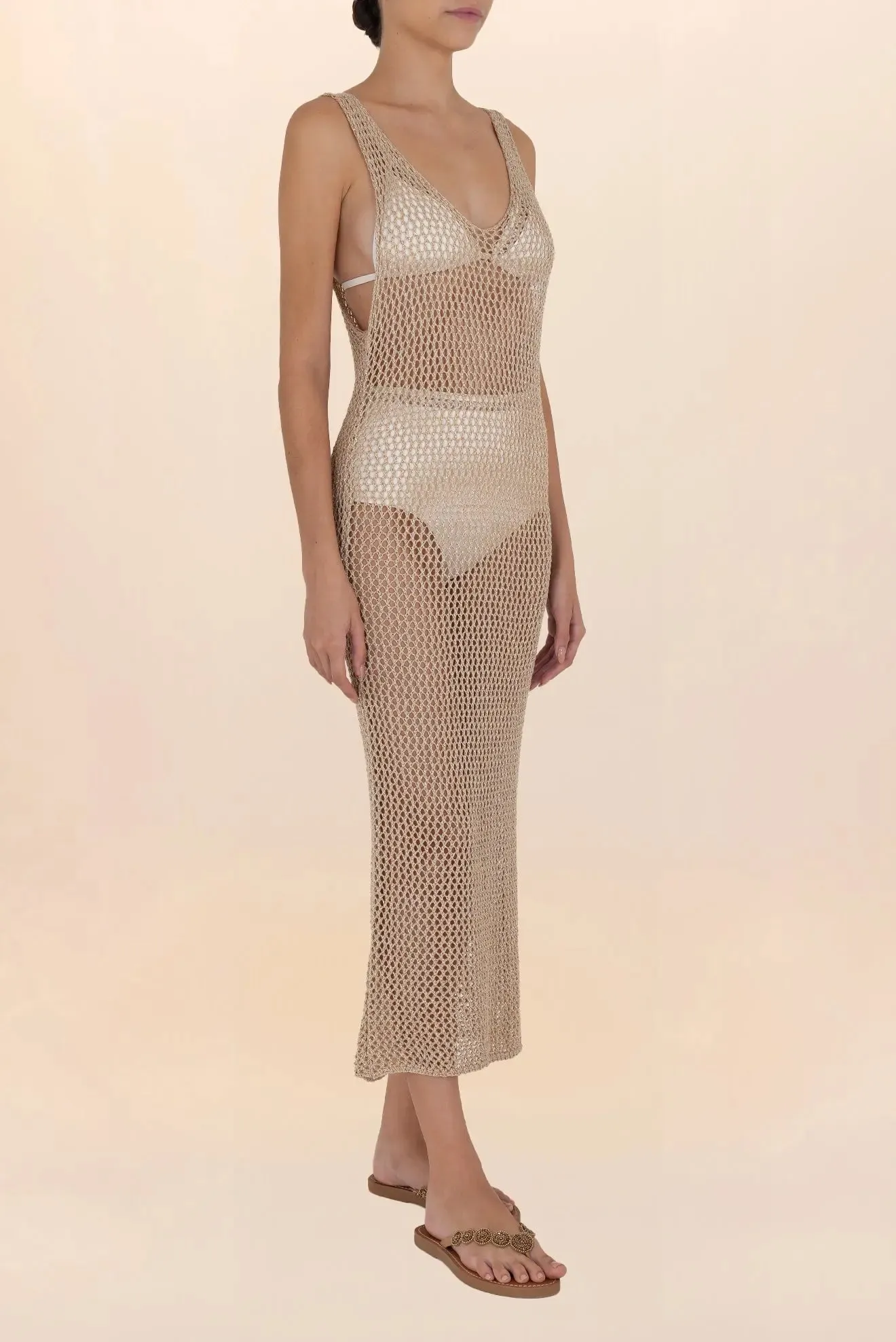 Long gold crochet V-neck dress 