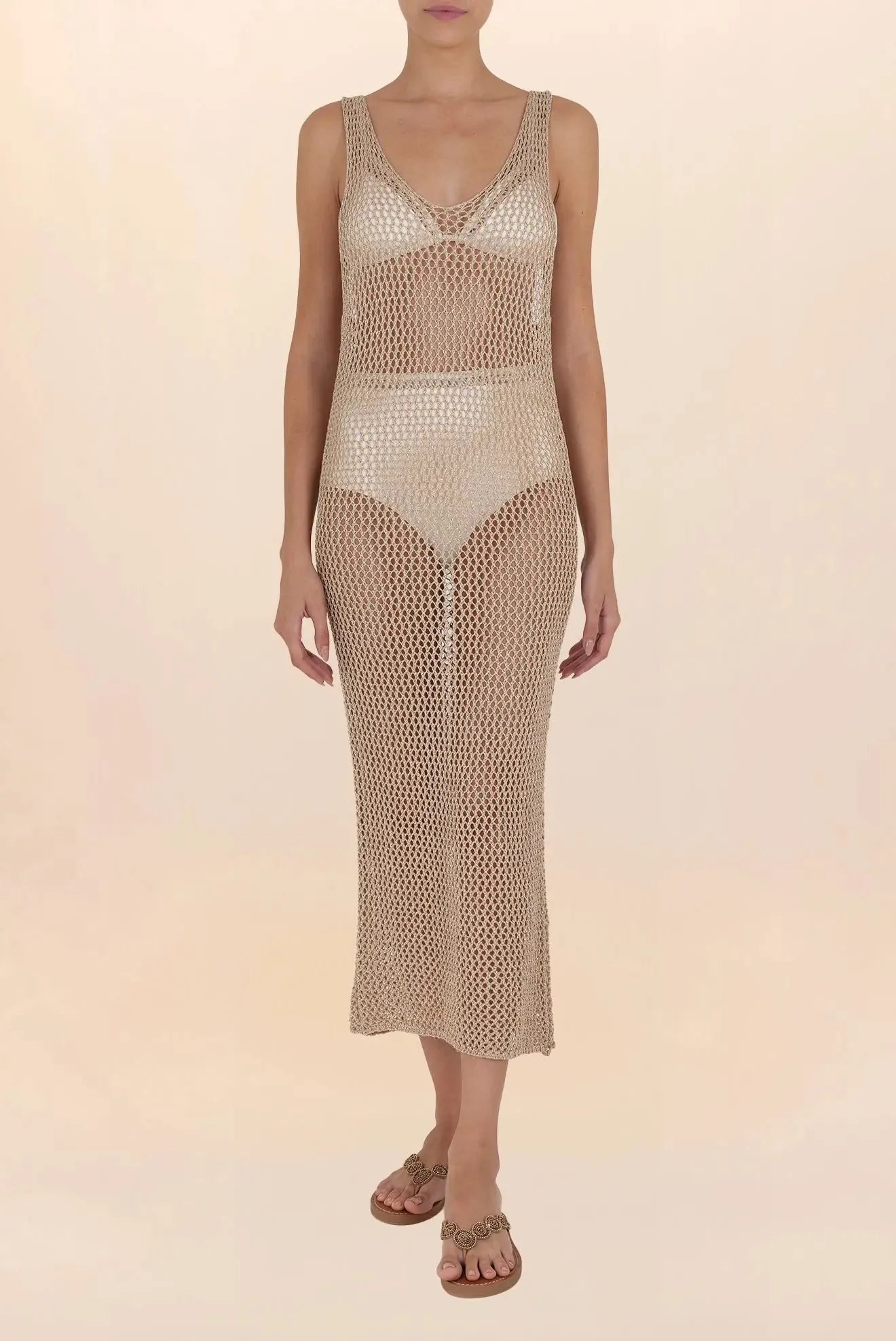 Long gold crochet V-neck dress 