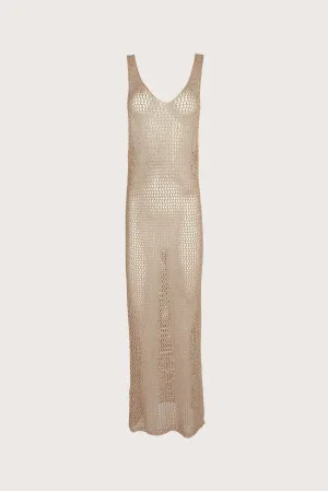 Long gold crochet V-neck dress 