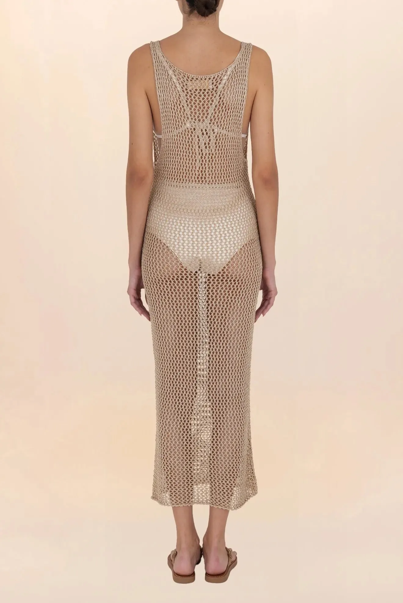Long gold crochet V-neck dress 
