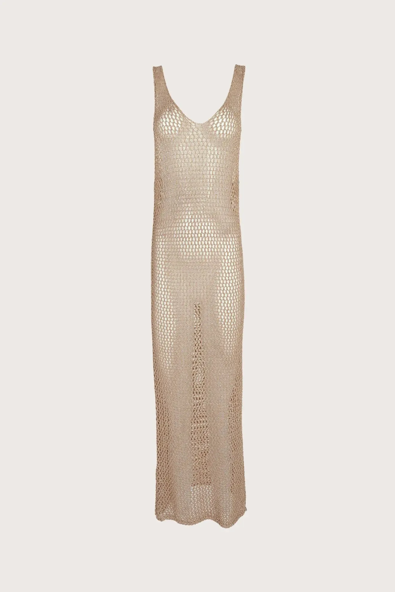 Long gold crochet V-neck dress 