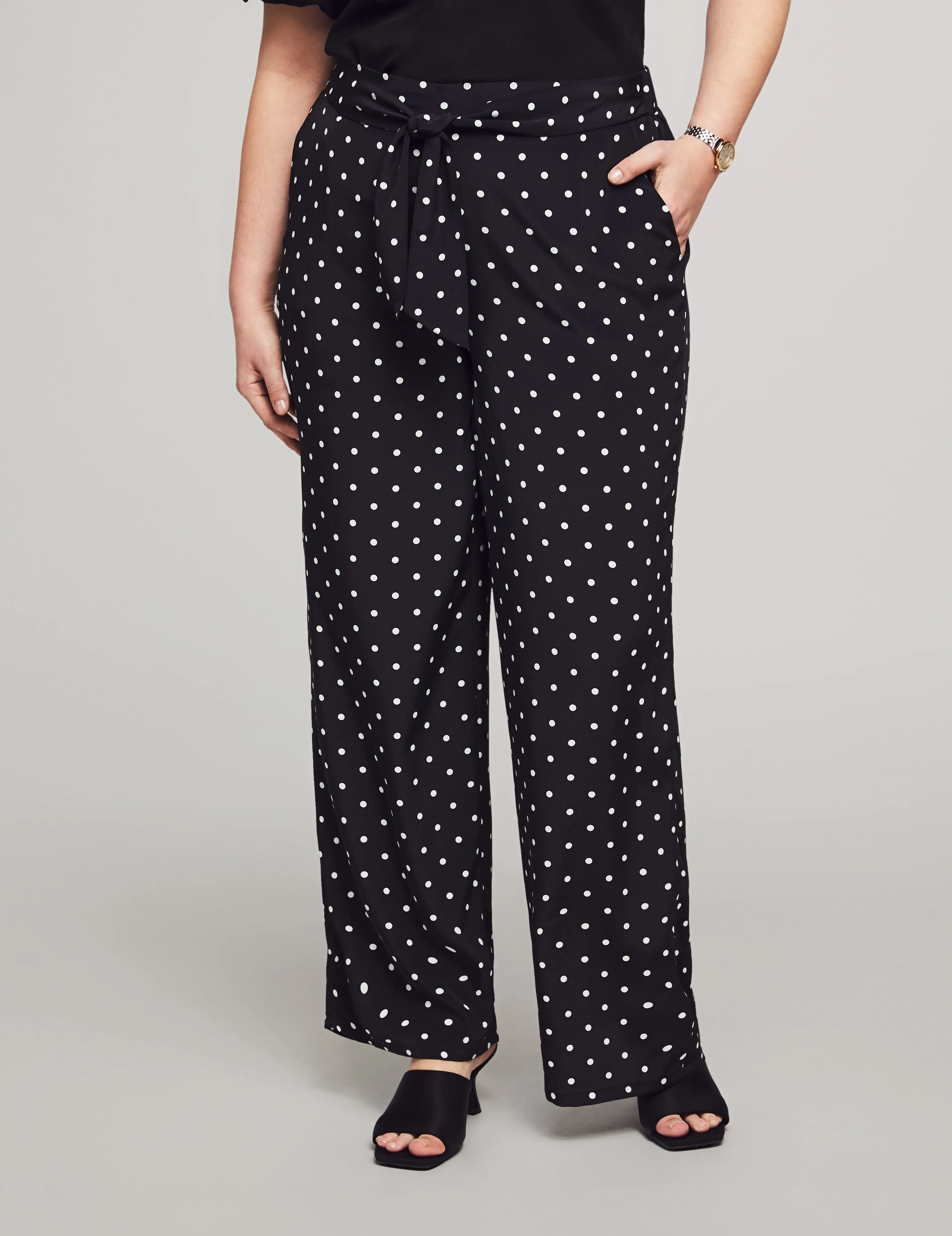 Plus Size Printed Pull On Self Tie Wide Leg Pant - Sale