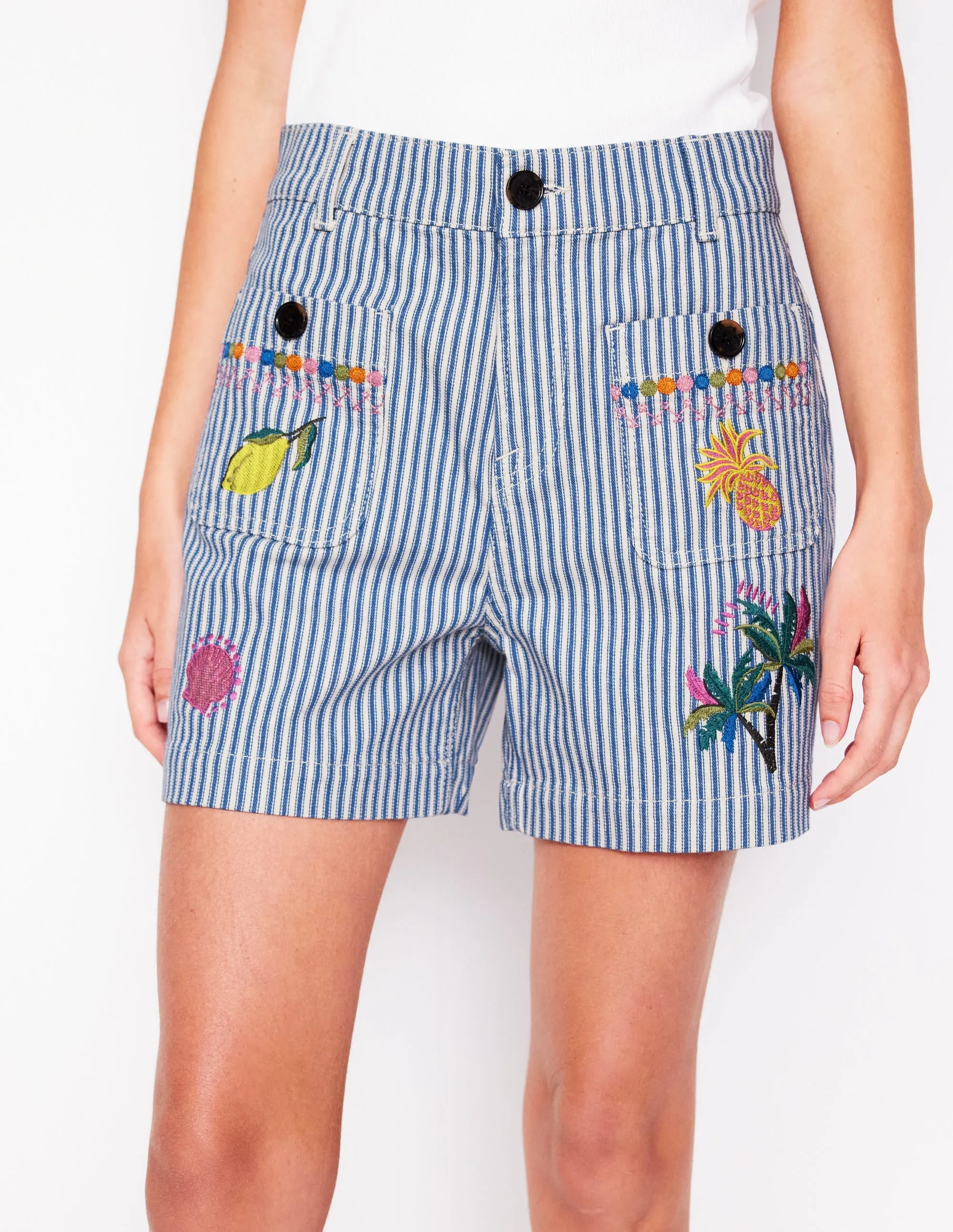 Pocket Front Denim Shorts-Ticking Stripe Embroidery