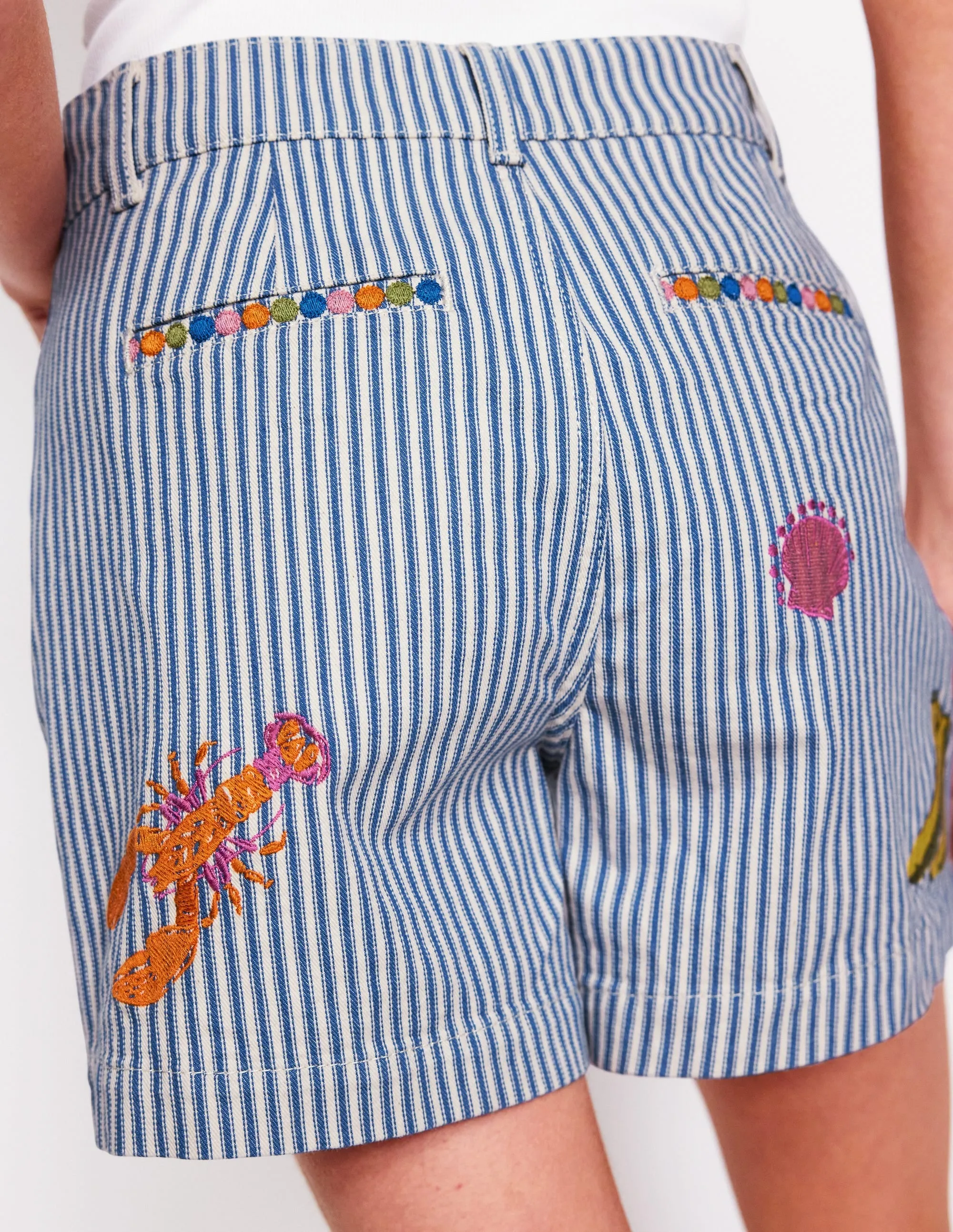 Pocket Front Denim Shorts-Ticking Stripe Embroidery