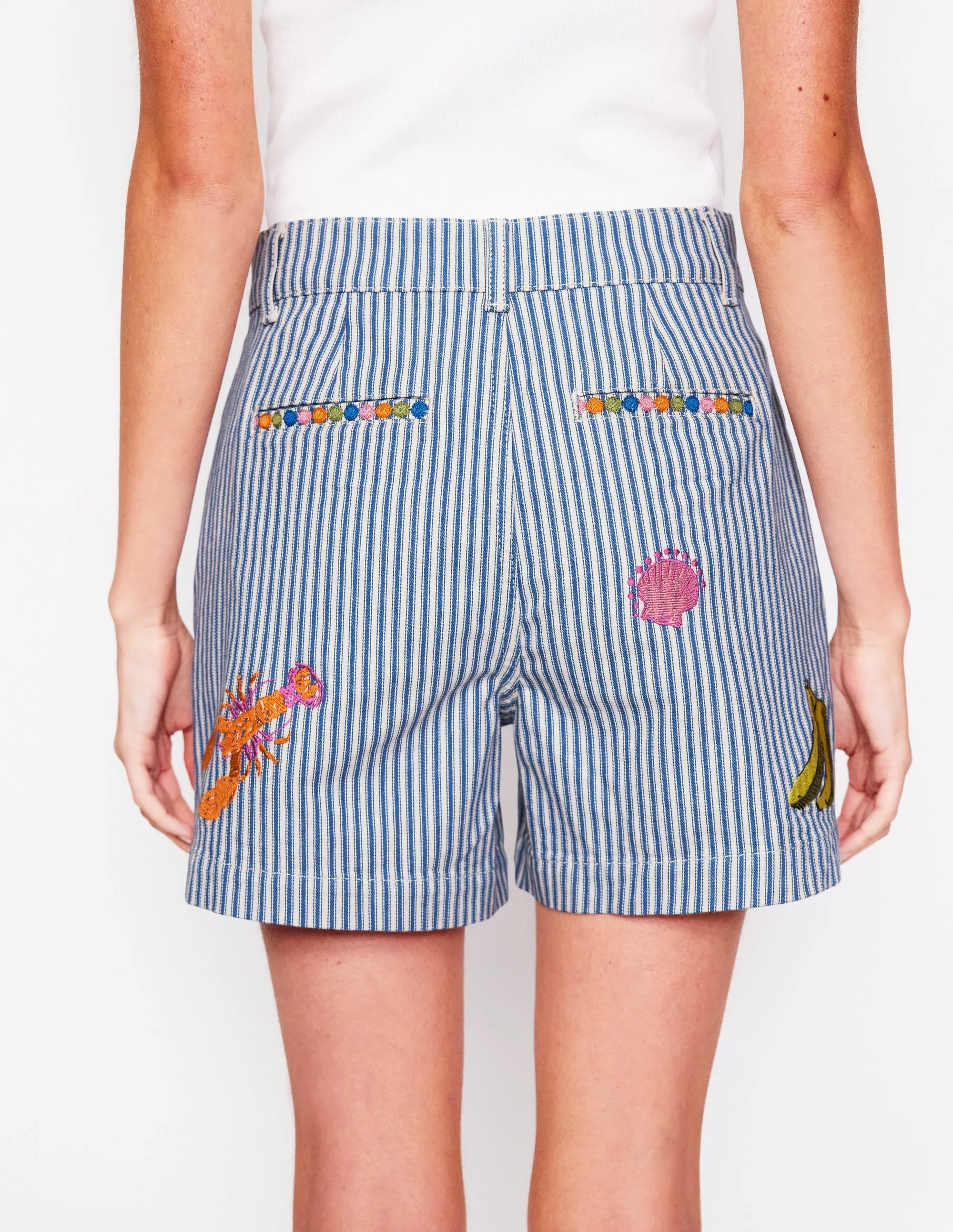 Pocket Front Denim Shorts-Ticking Stripe Embroidery