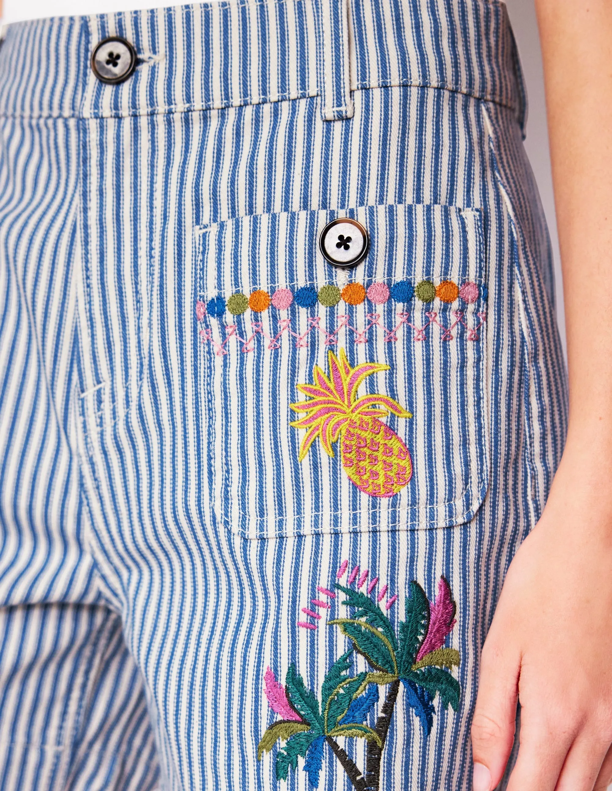 Pocket Front Denim Shorts-Ticking Stripe Embroidery