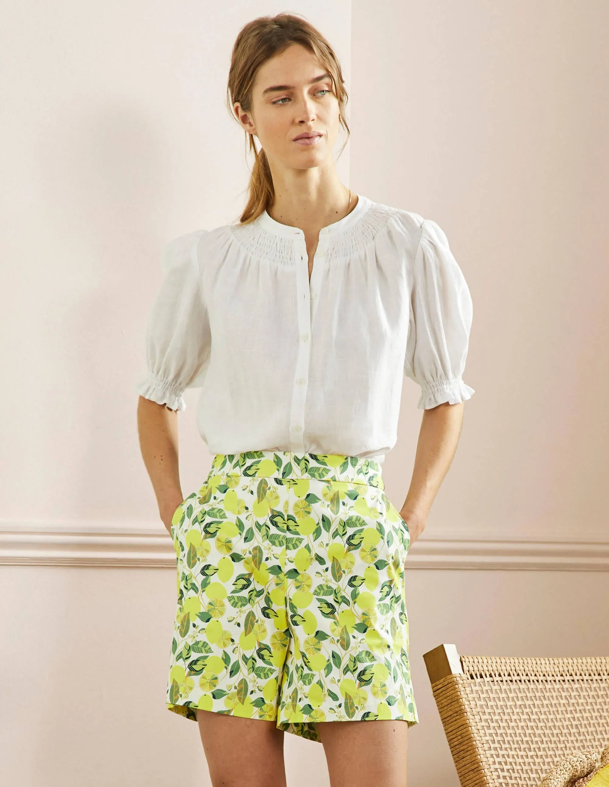 Pull On Shorts-Ivory. Lemon Vine