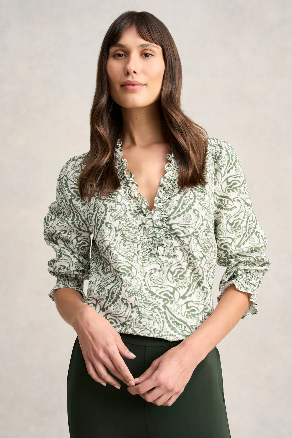 Ruffle Cotton Top - Khaki & White Paisley