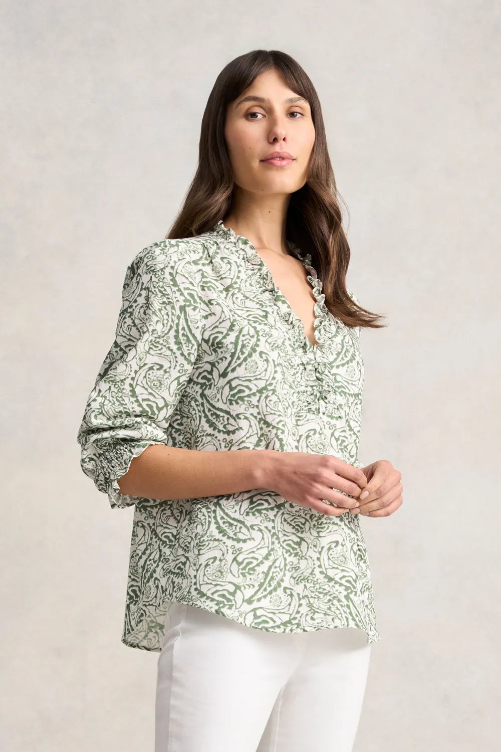 Ruffle Cotton Top - Khaki & White Paisley
