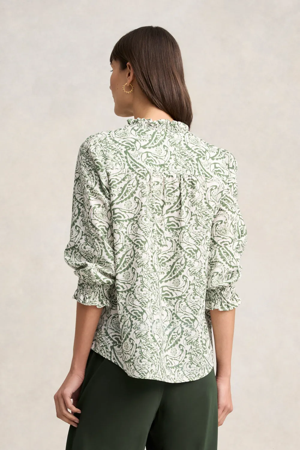 Ruffle Cotton Top - Khaki & White Paisley