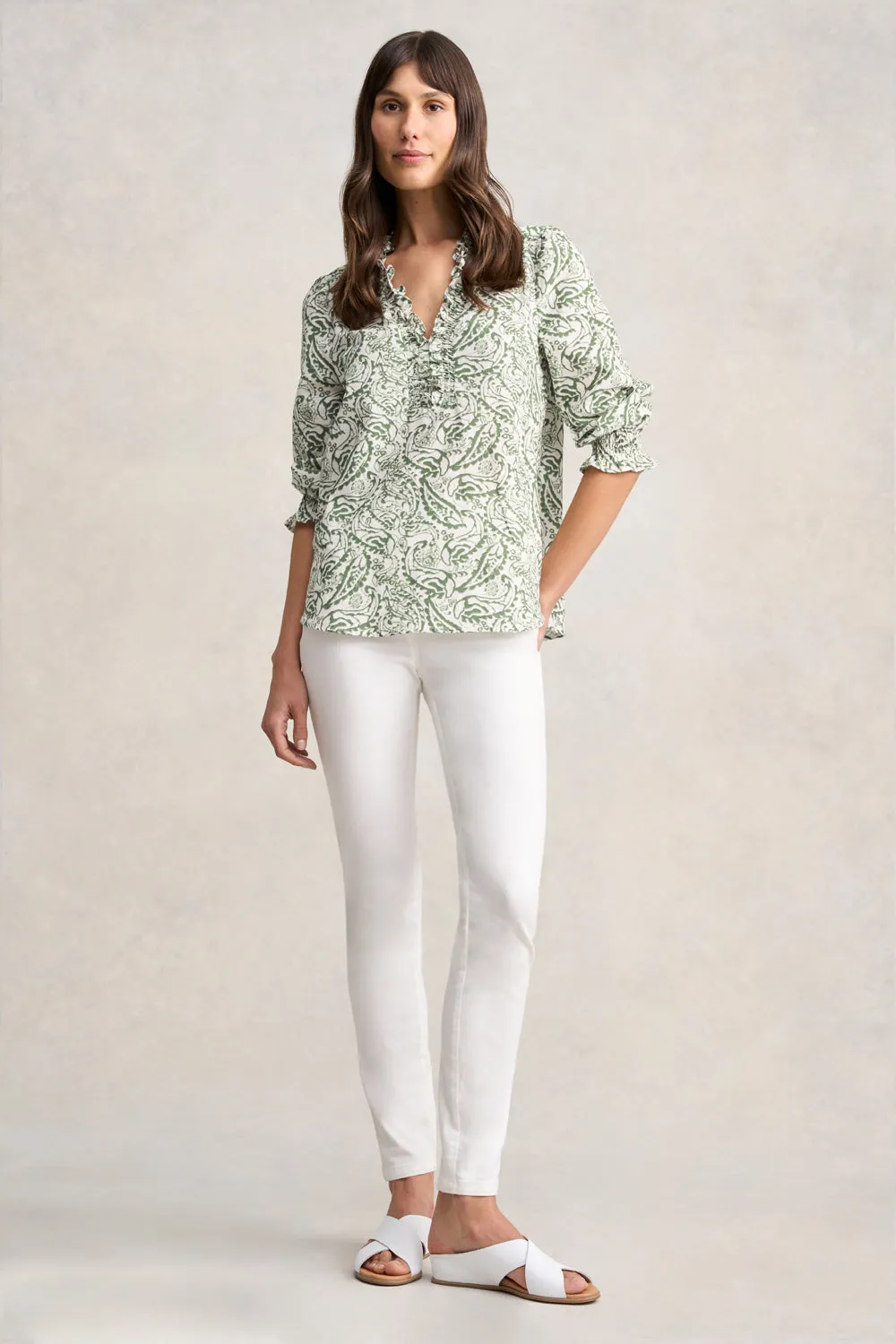 Ruffle Cotton Top - Khaki & White Paisley