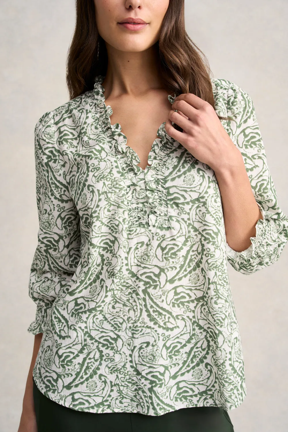 Ruffle Cotton Top - Khaki & White Paisley