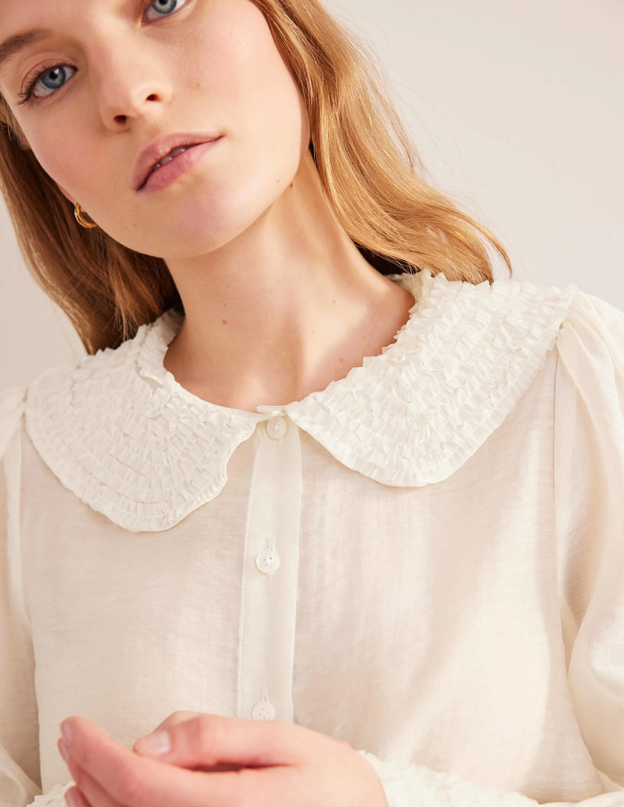 Ruffle Detail Organza Shirt-Ivory